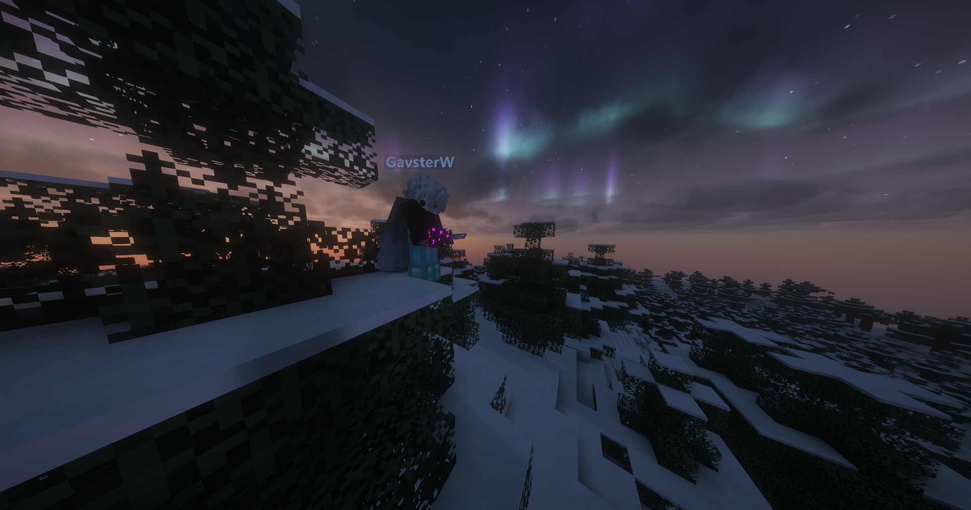 GavsterW standing above a snowy forest after winning the Season 1 dragon egg